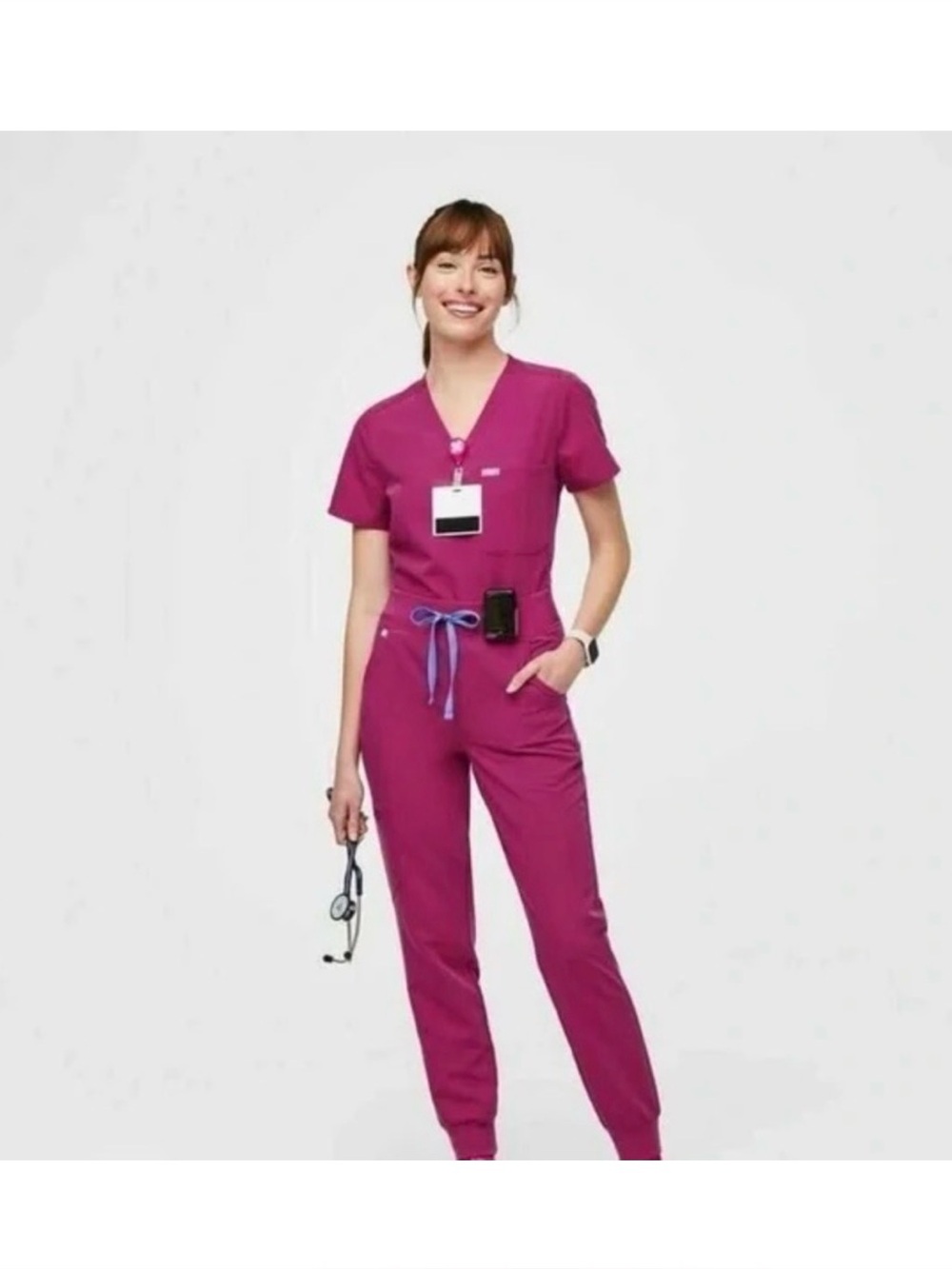 FIGS Women's set Catarina Scrub Top and Zamora joggers Raspberry sorbet